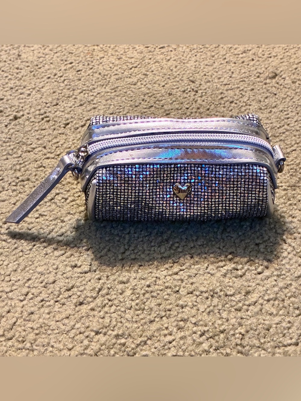 Juicy Couture Micro Mini Barrel Silver Metallic Glitter Bag Coin Purse No Chain